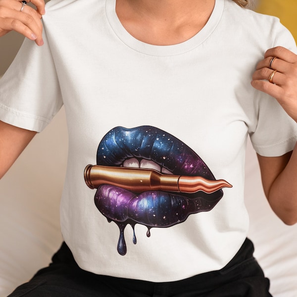Cosmic Bullet Lipstick T-Shirt | Galactic Makeup Lover Tee Top | Space-Themed Beauty Apparel | Unique Gift for Trendsetters | Artsy Fashion