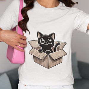 Black Cat in a Cartboard Box Unisex T-Shirt, Cute Kawaii Cat Novelty Tee, Perfect Cat Lover Gift Shirt, Cozy & Soft Kitten Apparel Top
