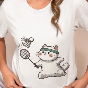 Cat Playing Badminton Unisex T-Shirt, Cute Sports Lover Shirt Gift for Badminton&Cat Fans,Fun Cartoon Pet Illustration Novelty Tee,Top Gift