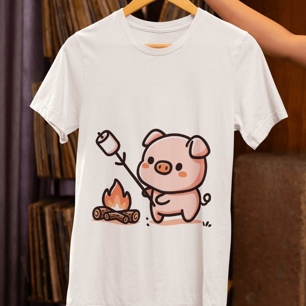 Adorable Piggy Campfire Marshmallow Roast T-Shirt - Unisex Cotton Tee Top for Outdoor Fun, Picnic BBQ, Animal Lovers, Cozy Fireside Nights
