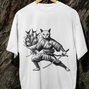 Samurai Cat T-Shirt - Funny Ninja Cat with Katana & Fish Bouquet Shirt - Japanese Aesthetic Warrior Tee - Unique Unisex Martial Arts Gift