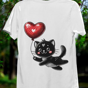 Cute Black Cat Valentine T-Shirt - Kawaii Kitty with Heart Balloon Tee - Adorable Love-Themed Shirt Gift - Unisex Romantic Cat Lover Apparel