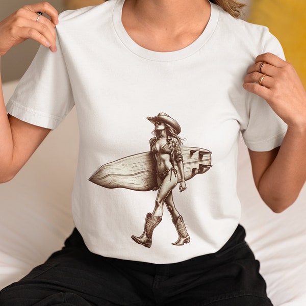 Surfing Cowgirl in Bikini and Cowboy Boots with Surfboard - Beachwear Unisex T-Shirt, Summer Fashion Tee, Outdoor Adventure Gear Top Gift