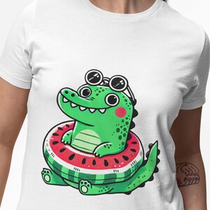 Summer Crocodile Unisex T-Shirt, Cute Crocodile with Watermelon Floaty Novelty Tee,Fun Tropical Vibes Shirt,Perfect Top for Beach&Pool Lover
