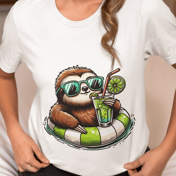 Chill Sloth T-Shirt | Tropical Drink & Pool Float | Summer Party Animal Lover Tee | Unique Graphic Top Design for Casual Wear, Gift Idea