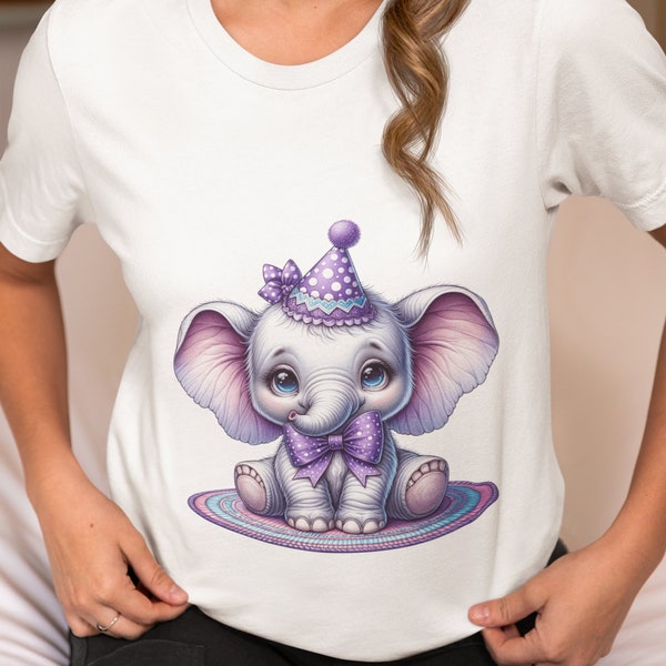 Whimsical Elephant Birthday T-Shirt | Unisex Adult Party Tee | Cute Elephant with Party Hat Graphic | Casual Cotton Top | Unique Gift Idea