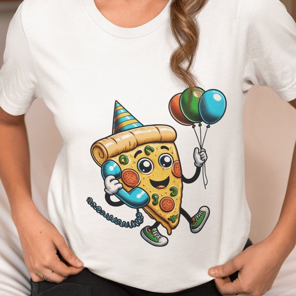 Whimsical Cartoon Pizza Party Tee Top - Bright Balloons & Playful Call - Unisex Premium Quality Shirt for Casual Fun, Best Gift Idea