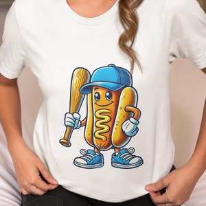 Funny Baseball Hot Dog T-Shirt, Cartoon Foodie Tee, Quirky Hot Dog Character Shirt, Humor Graphic Unisex Top, Gift Idea for Baseball Fans