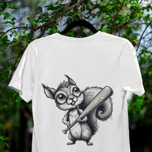 Funny Squirrel with Baseball Bat T-Shirt, Cute Cartoon Animal Tee, Quirky Unisex Shirt for Baseball Fans, Humor Lovers & Woodland Nerds