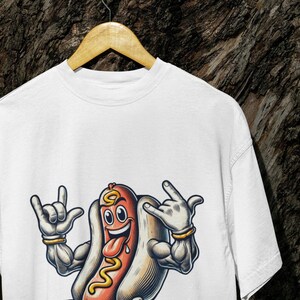 Funny Muscular Hot Dog T-Shirt, Rock n Roll Foodie Tee with Buff Sausage Character, Unisex Humor Shirt for BBQ Lovers, Gym Bros,Grill Fans
