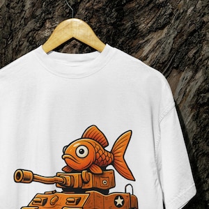Funny Goldfish in a Tank T-Shirt, Cartoon Fish Driving Military Tank Tee, Quirky Unisex Shirt for Animal Lovers, Gamers & Humor Fans