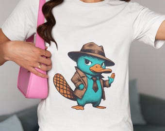 Detective Platypus T-Shirt-Unisex Cotton Tee with Sleuthing Platypus Print |Quirky Animal Detective Design for Casual or Geeky Outfit Lovers