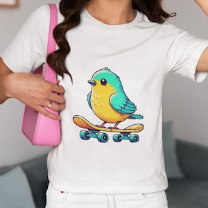 Bird Riding a Skateboard Unisex T-Shirt, Fun Skater Bird Graphic Novelty Tee for Animal Lovers, Unique Shirt Top Gift for Skateboarding