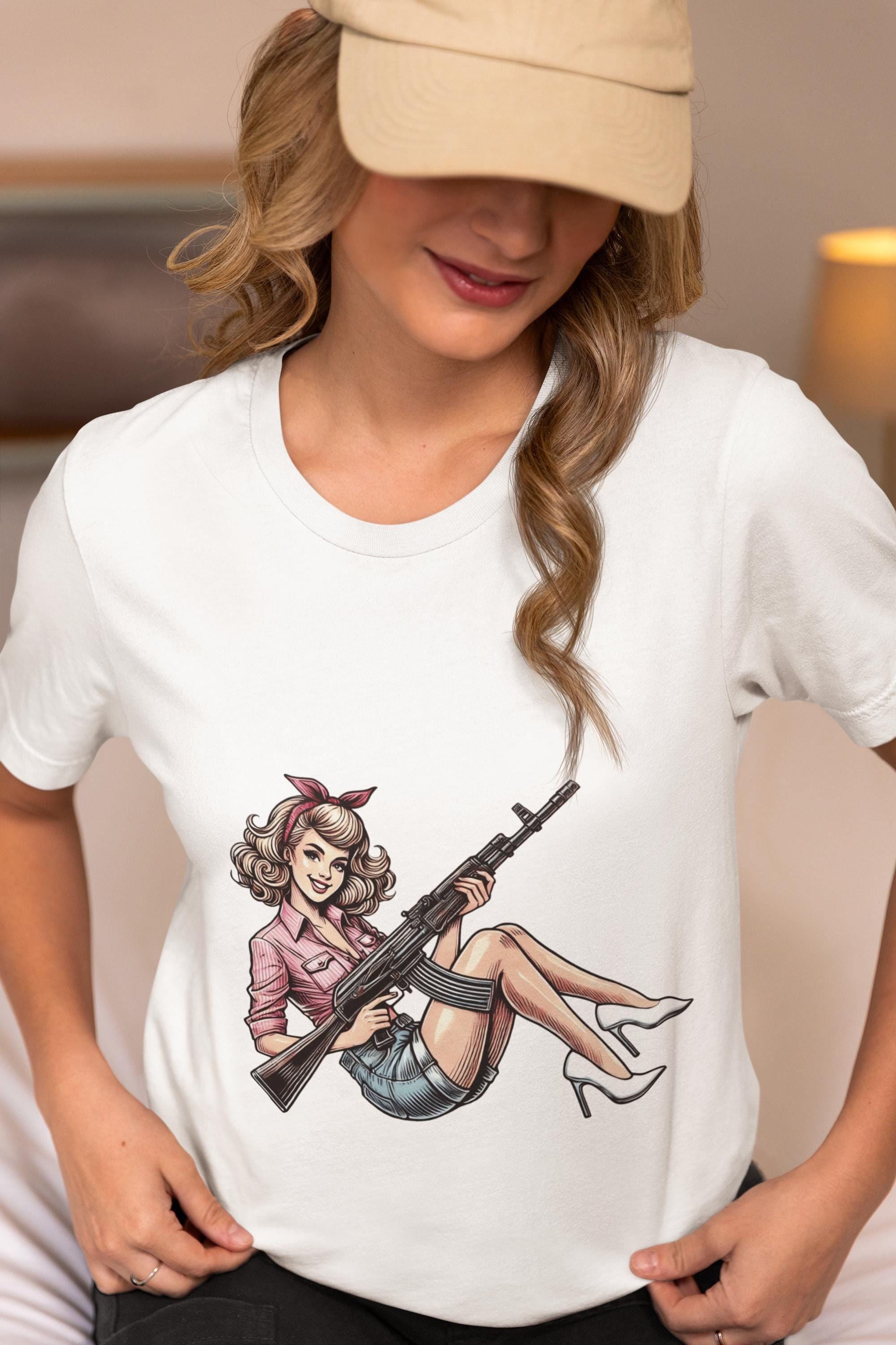 Vintage Pin-up Girl With Gun T-shirt, Retro Military Style Graphic