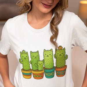 Funny Cactus Cat Unisex T-Shirt, Cute Kawaii Cats as Cacti in Colorful Pots Tee for Plant Lovers, Cat Fans, Gardeners, Nature Enthusiasts