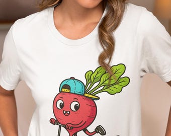 Radish on Scooter T-Shirt, Cool Cartoon Vegetable Wearing Cap Riding Kick Scooter Tee, Kawaii Food Humor Shirt, Unisex Vegan Gift Idea Top