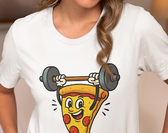 Funny Gym Pizza T-Shirt, Cartoon Pepperoni Slice Lifting Weights Top, Unisex Fitness Humor Tee for Workout Lovers, Gym Rats, Foodies