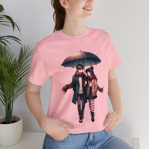 Valentine&#39;s Day Cartoon Couple T-Shirt - Boy & Girl Under Umbrella - Unisex Love Shirt - DTG Printed Romantic Tee Top Gift Idea For Her/Him