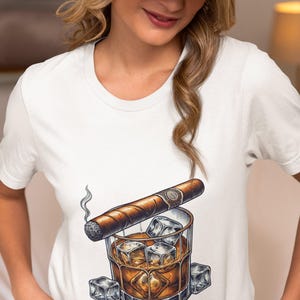 Whiskey Glass & Cigar Graphic Unisex T-Shirt, Perfect Tee Gift for Whiskey and Cigar Lovers,Bourbon Enthusiasts,Father's Day,Birthday Shirt
