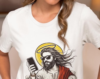 Jesus Meme T-Shirt - "Swipe Right for Miracles" Cool Christian Humor Tee, Hipster Jesus with Phone, Religious Parody Gift, Faith-Based Shirt