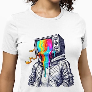 Trippy TV Head T-Shirt, Melting Rainbow Screen Graphic Tee, Vaporwave Aesthetic Cyberpunk Shirt, Psychedelic Surreal Art Gift Idea Top