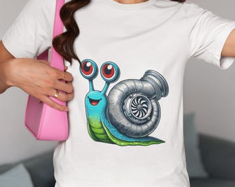 Turbocharged Snail Unisex T-Shirt, Funny Cartoon Snail with Turbo Shell, Unique Turbo Snail Graphic Novelty Tee for Car & Animal Lovers