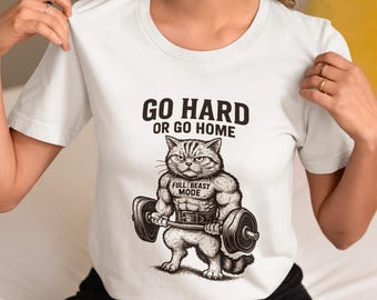 Beast Mode Cat Workout T-Shirt, Muscular Gym Cat Lifting Weights Go Hard or Go Home, Funny Fitness Animal Tee, Unisex Gym Lover Gift Shirt