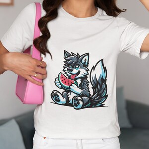 Cute Husky Puppy T-Shirt Unisex, Watermelon Summer Tee Top, Cartoon Dog Lover Gift Idea, Casual Animal Graphic Shirt, Soft Cotton
