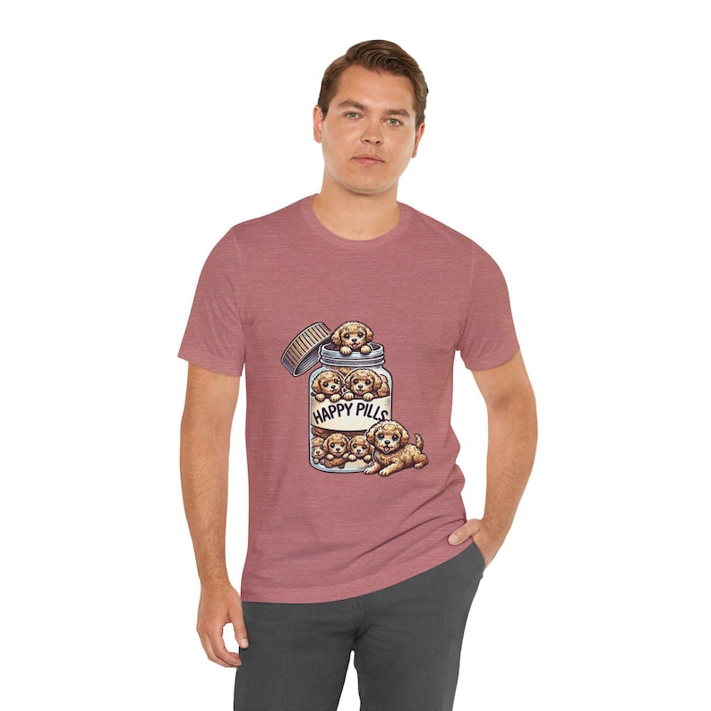 Happy Pills Unisex T-Shirt Featuring Cute Puppies in a Pill Bottle, Dog Lover Novelty Tee Gift Idea, Unique Pet Humor Shirt Top image 6