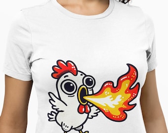 Fire-Breathing Chicken Unisex T-Shirt, Quirky Cartoon Chicken Spicy Novelty Tee Design, Perfect Top Shirt Gift for Humor & Hot Sauce Lovers
