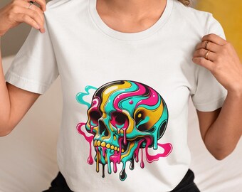 Psychedelic Dripping Skull T-Shirt - Bold Neon Skull Art Graphic Tee, Trippy Unisex Design, Gothic Aesthetic Shirt, Unique Alternative Gift