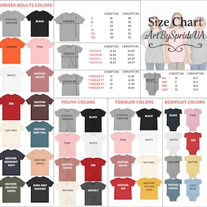 the size chart for a t - shirt with different colors