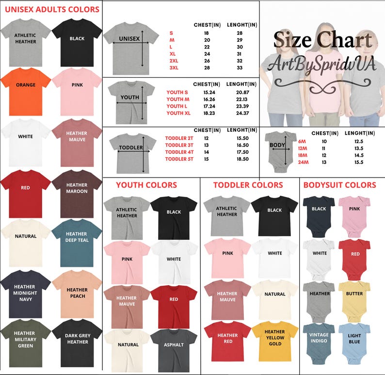 the size chart for a t - shirt with different colors