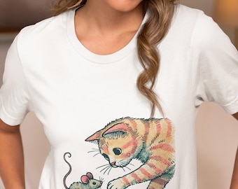 Cat and Mouse Unisex T-Shirt, Cute Kitten Novelty Shirt, Vintage Style Art Tee, Run Little Mouse Top, Funny Cat Lovers Gift Idea for Her/Him