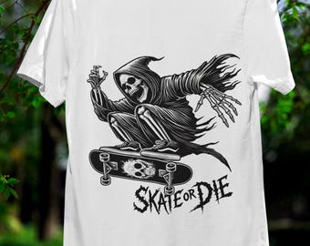 Skater Grim Reaper T-Shirt - Gothic Skeleton Skateboard Tee - Dark Punk Streetwear - Unisex Grim Rider Graphic -Edgy Alternative Skate Shirt