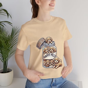 Happy Pills Unisex T-Shirt Featuring Cute Puppies in a Pill Bottle, Dog Lover Novelty Tee Gift Idea, Unique Pet Humor Shirt Top