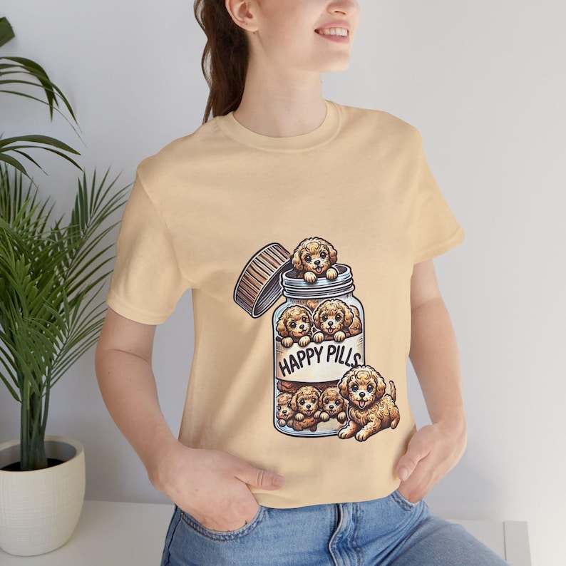 Happy Pills Unisex T-Shirt Featuring Cute Puppies in a Pill Bottle, Dog Lover Novelty Tee Gift Idea, Unique Pet Humor Shirt Top