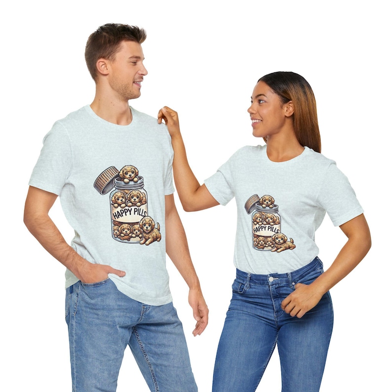 Happy Pills Unisex T-Shirt Featuring Cute Puppies in a Pill Bottle, Dog Lover Novelty Tee Gift Idea, Unique Pet Humor Shirt Top