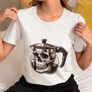 Unisex Skull Coffee Pot T-Shirt, Dark Humor Coffee Lover Tee, Gothic Coffee Art Shirt, Edgy Barista Gift, Unique Skeleton Graphic Top