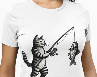 Fishing Cat T-Shirt, Funny Vintage-Style Cat Catching Fish, Quirky Angler Cat Tee,Retro Animal Lover Shirt,Unique Gift for Fishermen&Cat Fan