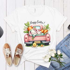 Easter Bunny Unisex T-Shirt: Cartoon Rabbit in Truck with Carrots, Spring Festival Tee Top Design, Perfect Gift Idea for Easter Celebrations