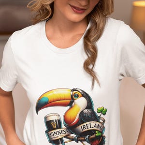 Unisex Vintage-Style Toucan Graphic Tee Top | Ireland & Guinness-Inspired | Retro Softstyle T-Shirt for Beer Enthusiasts | Unique Irish Gift image 1