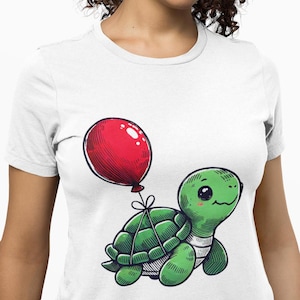 Cute Floating Turtle T-Shirt, Kawaii Balloon Turtle Tee, Funny Whimsical Animal Shirt, Adorable Cartoon Aesthetic Top Gift Idea for Adults