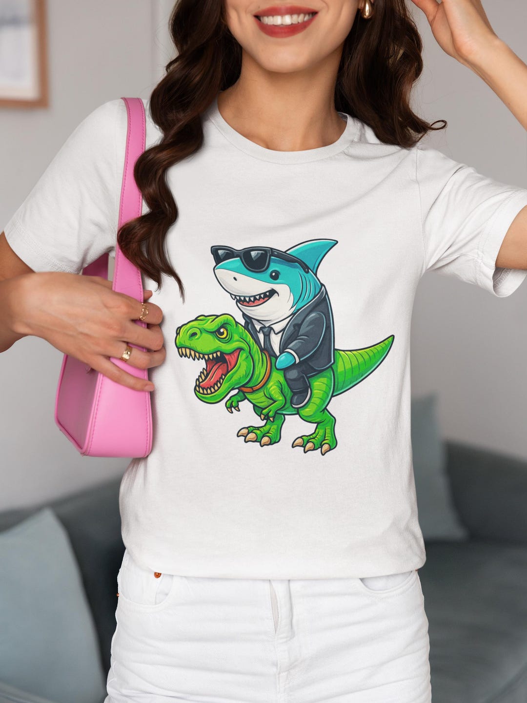 Shark in Suit Riding T-rex Dinosaur Shirt - Funny Shark Tee for Men ...