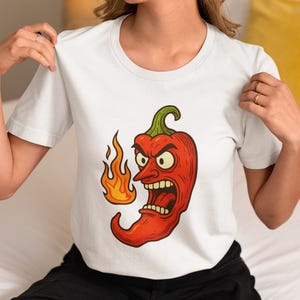 Spicy Chili Pepper Cartoon T-Shirt, Unisex Hot Sauce Humor Tee with Angry Flame Design, Bold Graphic Shirt for Food Lovers & Gift