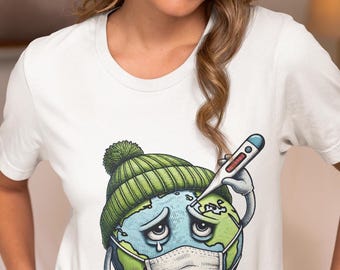 Save the Earth T-Shirt, Sick Planet Wearing Mask & Beanie, Climate Change Awareness Tee, Eco Activist Gift, Environmental Graphic Shirt