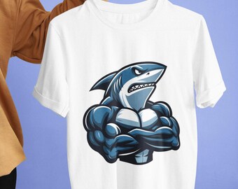 Muscular Shark Cartoon Unisex T-Shirt | Cool, Funny, Graphic Tee Top for Men and Women | Unique Gym Gift | Casual Wear | All Sizes Available