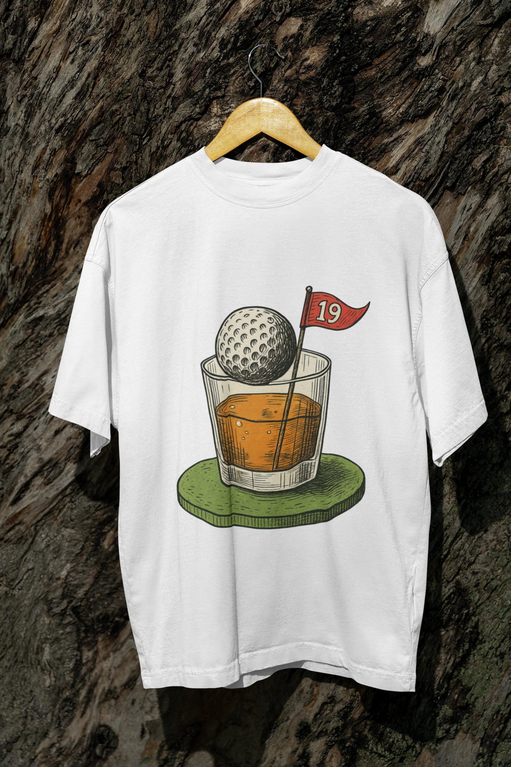 Funny 19th Hole Golf T-shirt, Whiskey Glass and Golf Ball Cartoon