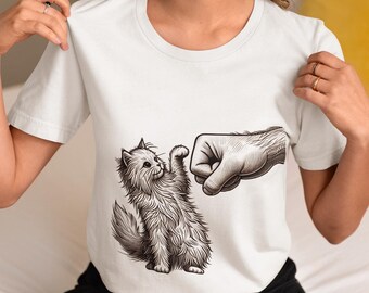 Funny Unisex Cat Fist Bump Graphic T-Shirt, Quirky Feline Lover Tee, Unique Black&White Cat Clip Art Shirt,Perfect Top Gift Idea for Her/Him