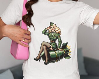 Vintage Military Pin-Up Girl T-Shirt,WWII Nose Art Style,Blonde on Bombshell,Retro Unisex Tee,Classic Army Green Bomb,Warbird Aviation Top